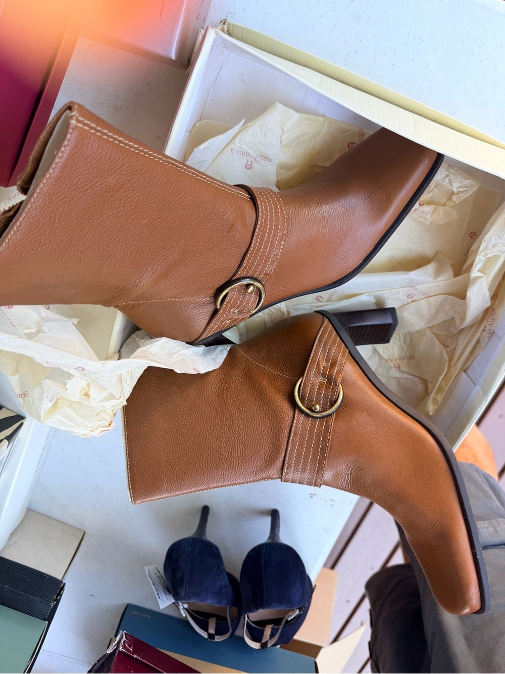 Etingier Tan Leather Mid-Calf Heeled Boot with Buckle